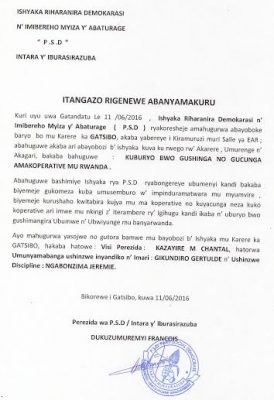 Itangazo ryatanzwe na Perezida wa PSD mu ntara y'i Burasirazuba