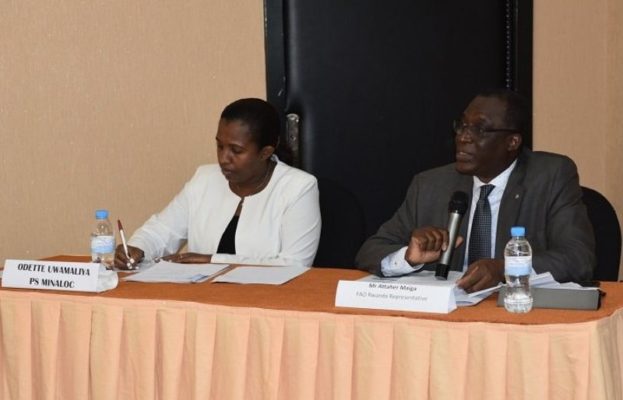 ( L-R), Odette Uwamariya, PS of MINALOC and Attaher Maiga, FAO Representative to Rwanda during the launch of the project. (Photo/Elias HAKIZIMANA)