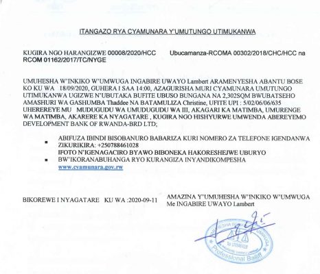 ITANGAZO RYA CYAMUNARA Matimba